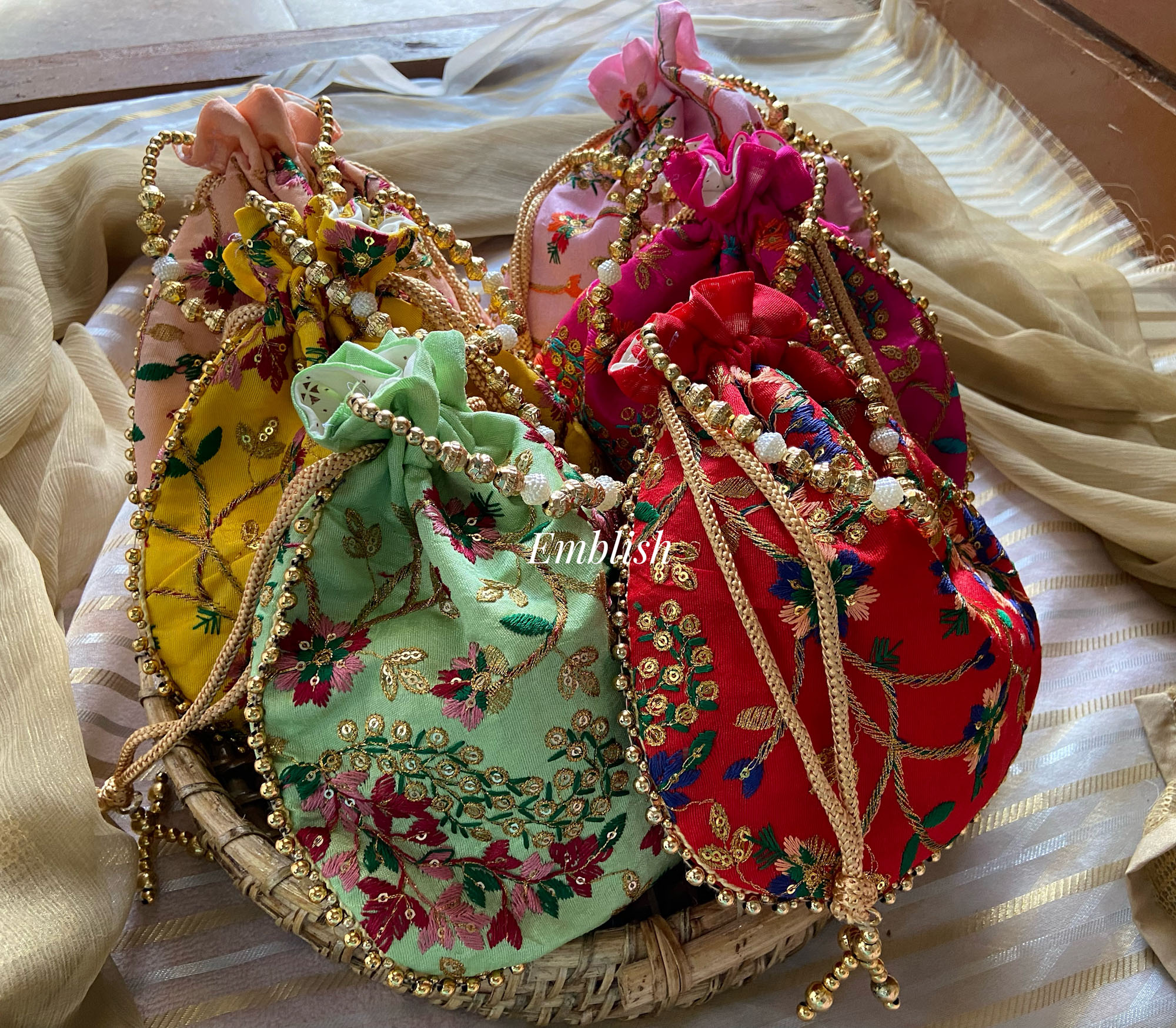 Flower Embroidered Potli Bag Return Gifts - Set of 6